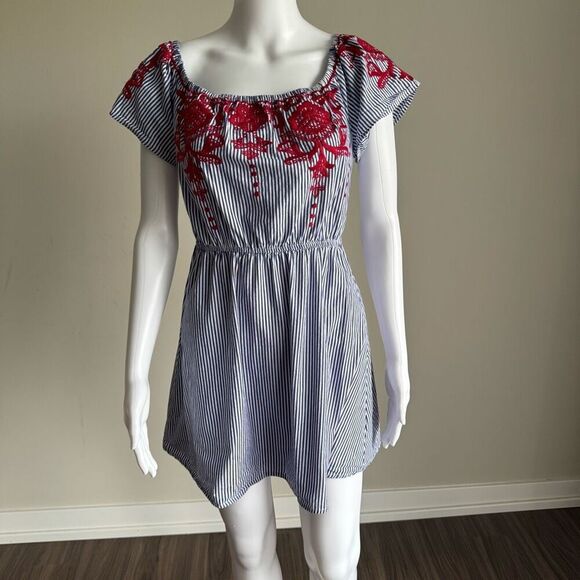 Miami Blue And White Embroidered Summer Dress Size M - Picture 1 of 6